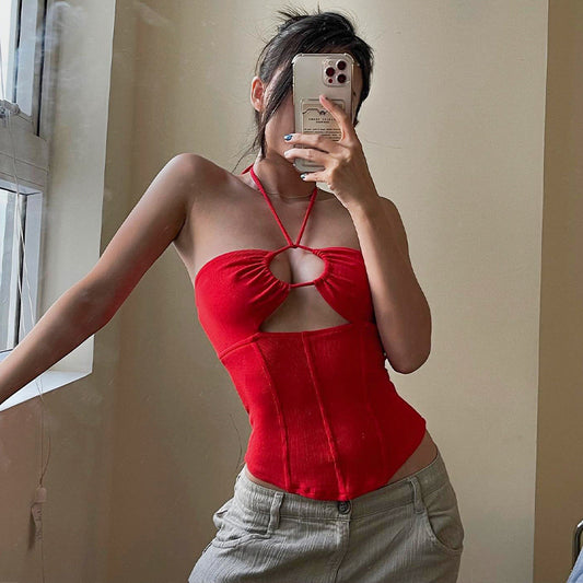 One-line Neck Hanging Lace-up Top
