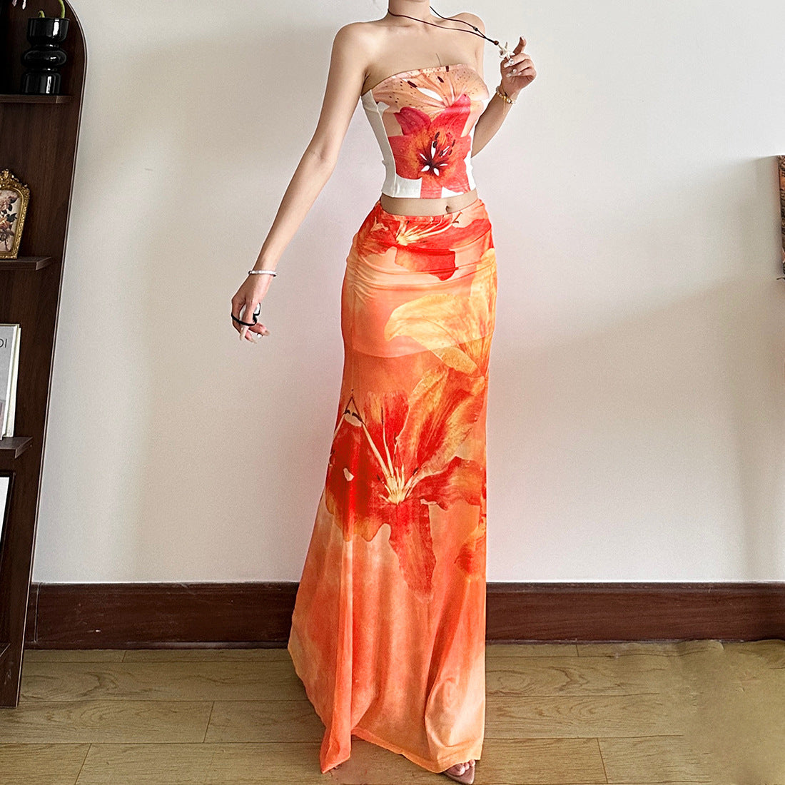 Printed Semi See-through High Waist Slim Skirt