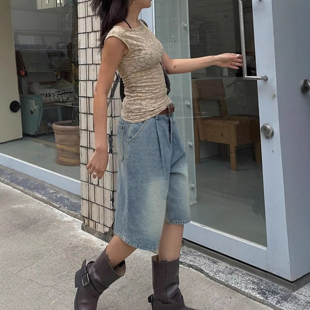 Retro Pleated Wide Leg Straight Denim Shorts