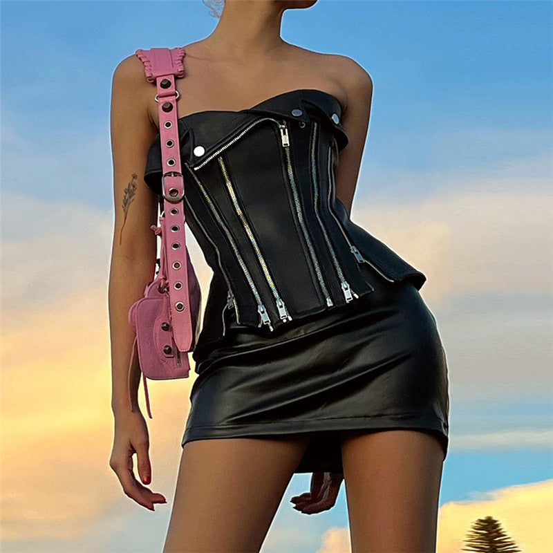 One-shoulder Slim Revealing Leather Undershirt