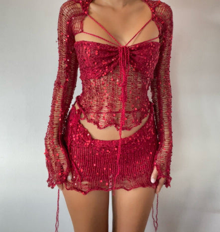 Embroidery Knitted Sweater Three-piece Set