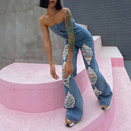 Ripped High-waisted Wide-leg Denim Jumpsuit