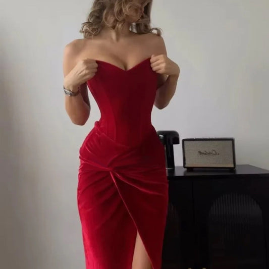 Red Velvet Tube Top Twist Dress