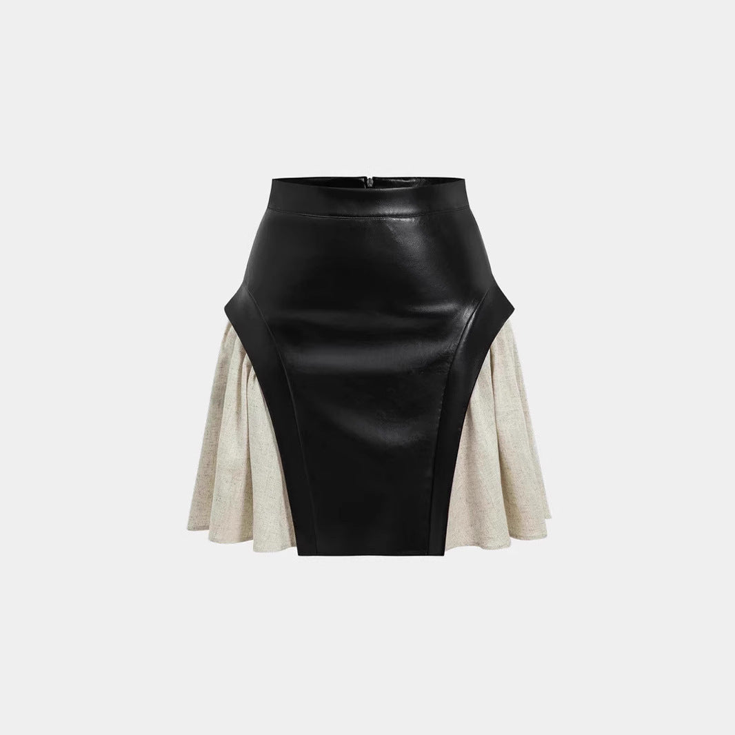 High Waist PU Stitching Skirt