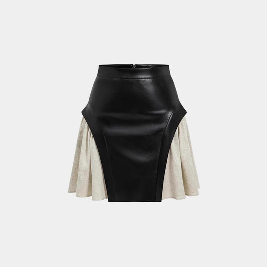 High Waist PU Stitching Skirt