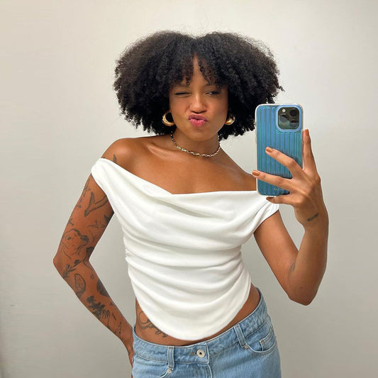Off-shoulder Pleated Slim Fit Arc Swing Top