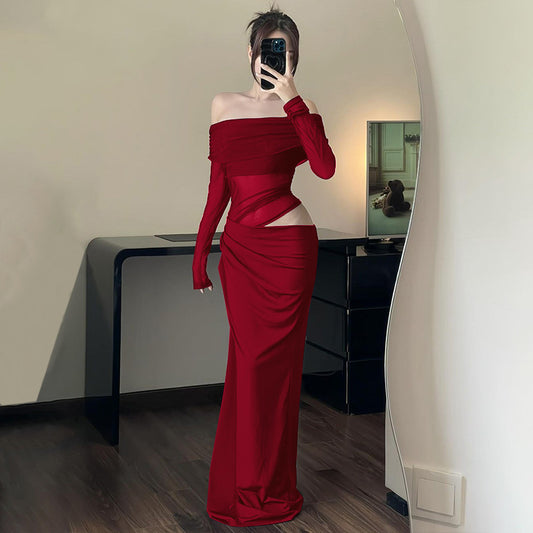 Off-shoulder Mesh Long Dress